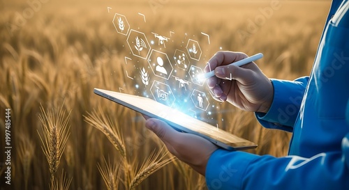 person holding tablet with digital leaves emerging in wheat field