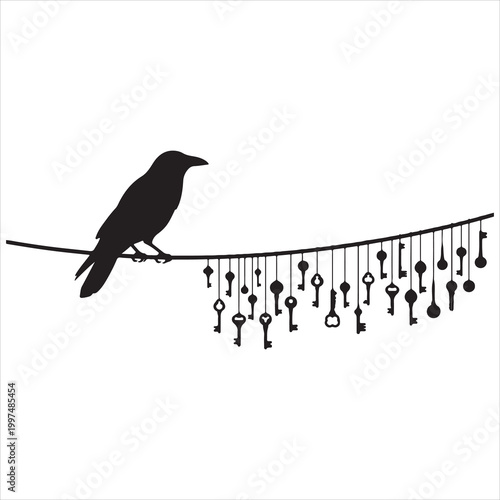 A solitary crow perches on a wire adorned with a cascade of antique keys, symbolizing mystery and potential discoveries