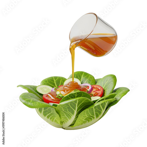 Dressing poured on green salad leaves.