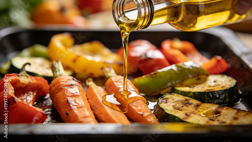 Fresh vegetables getting olive oil drizzled in a kitchen setting during meal preparation