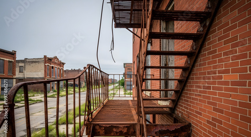 rusted fire escape abandoned Detroit brick building urban decay low angle