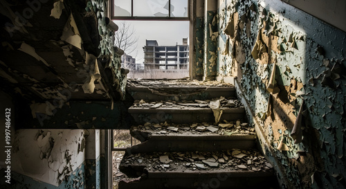 abandoned Detroit stairwell decay urban exploration light shaft ruin photography