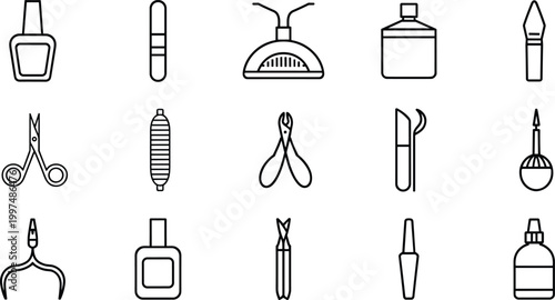 Minimalist beauty and cosmetic tools line icons set including nail polish scissors brush bottle manicure pedicure equipment vector illustration