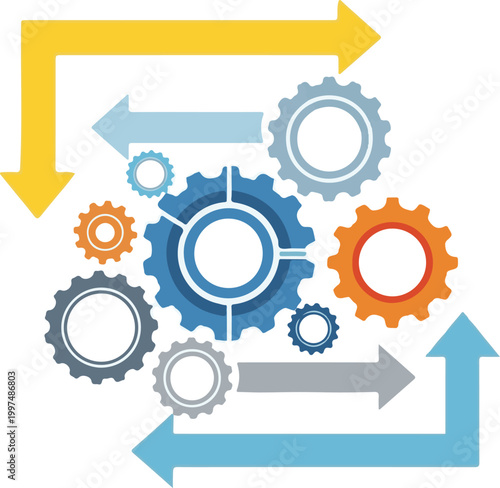 Multiple colorful mechanical gears connected with circular arrows representing the concept of business operations and complex industrial process system workflows