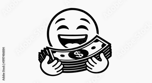 Happy Emoji Character Holding a Stack of Cash Money