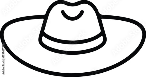 Minimalist wide brim hat line icon, simple cowboy or summer sun hat vector illustration for fashion branding, western style, travel and outdoor accessory design