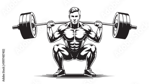 Muscular Man Lifting Weights in Squat Position, Black and White Illustration