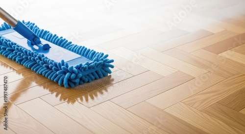 Close-up of a modern blue microfibre mop sliding across a polished light wood parquet floor, removing dust and leaving a clean surface, daily, maintenance, home