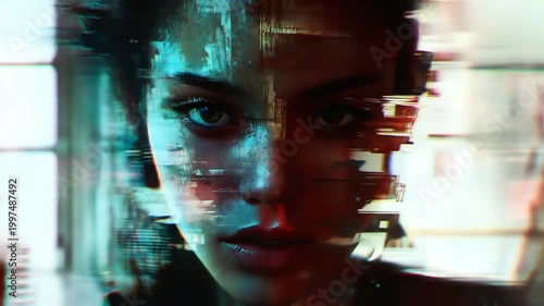 Glitch portrait of a person with digital distortion and vibrant color
