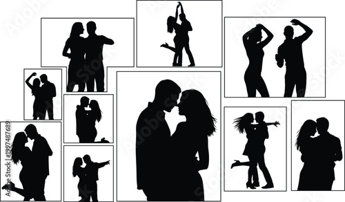 Romantic Silhouette Collection of Loving Couples in Various Poses Featuring Passionate Embraces Elegant Dancing and Sweet Moments of True Intimacy Together