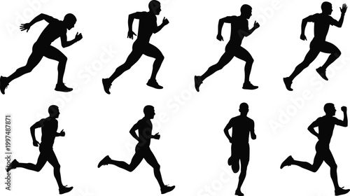 Collection of running man silhouettes in dynamic sprint and jogging poses isolated on white background for fitness design