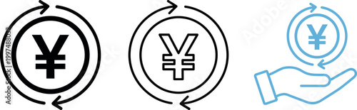 Yen Currency Icon Set Featuring Exchange, Recycle, and Hand Symbols for Financial, Economic, and Transactional Design Projects
