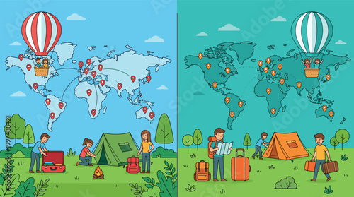Travel and Camping Illustration Set Featuring Hot Air Balloon, Map, Luggage, and Tents for Adventure, Vacation, and Outdoor Design Projects