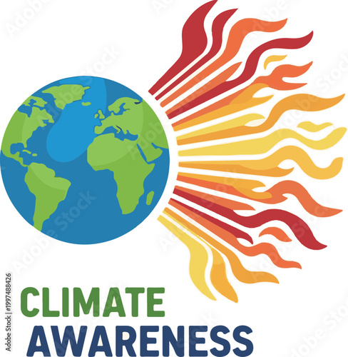 Earth globe surrounded by warm, fiery rays symbolizing global warming and the urgent need for climate change awareness.