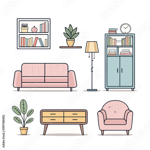 Modern Living Room Furniture Set - Colorful Interior Design Elements and Home Decor Vector Icons