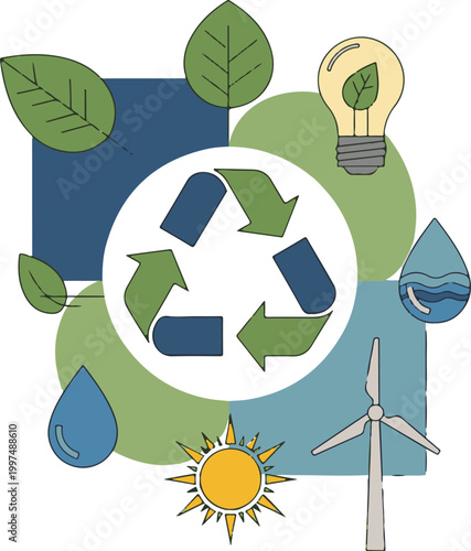 Colorful recycling symbol illustration surrounded by various green energy icons representing environmental sustainability and modern eco friendly lifestyle growth concepts