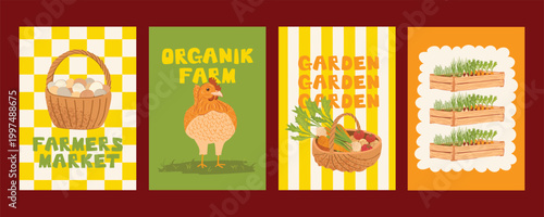 Obraz na plátně Farmers market poster collection with chicken, eggs and vegetable garden, organi