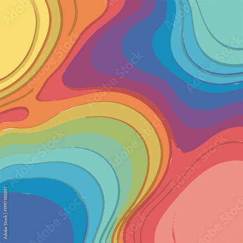 Abstract topographic map design featuring vibrant layered waves and flowing organic lines in a beautiful rainbow spectrum.