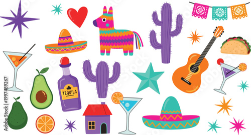 Mexican Culture Vector Set with Sombrero Guitar Cactus Tequila and Fiesta Elements for Party Design, Cinco de Mayo Celebration, and Colorful Folk Illustration Projects.