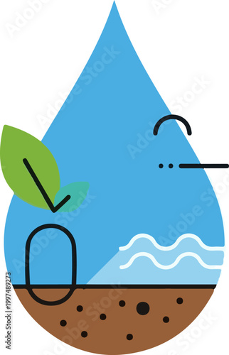Minimalist vector icon representing a stylized blue water droplet with a green leaf and simple earth ground graphic design element