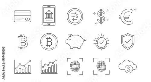 Set of minimalist finance and digital banking line icons