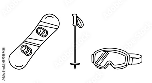 Snowboard ski pole and goggles icons in minimalist style