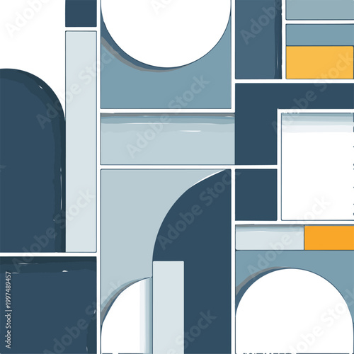 Abstract geometric pattern featuring a contemporary arrangement of diverse shapes and layered blue, grey, and white tones, with a hint of warm orange.