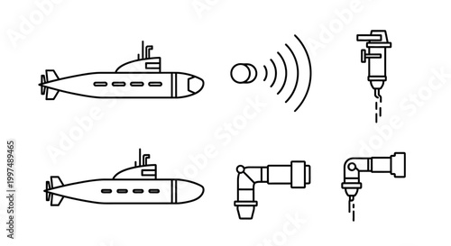 Submarine and periscope outline icon set for naval design