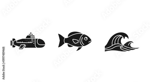 Submarine fish and ocean wave icons set on white background