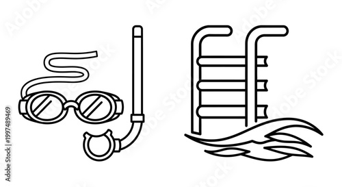 Swimming pool ladder and snorkeling gear line art icons