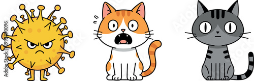 Set Of Cartoon Character Vector Illustrations Featuring Angry Yellow Virus Cell And Two Scared Domestic Cats For Medical Education Projects