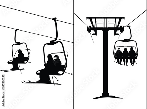 Ski lift silhouettes, chairlift with skiers riding in winter mountain resort isolated on white background, snow sport recreation concept illustration