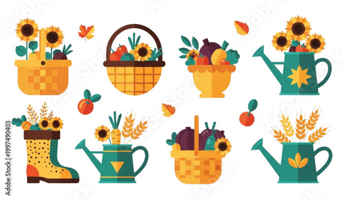 Flat autumn harvest illustration collection with baskets boots and watering cans filled with flowers and crops