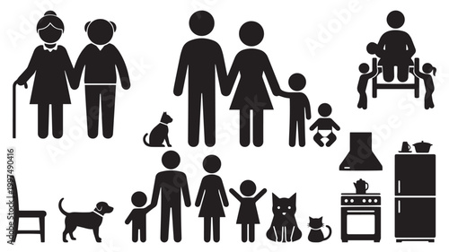 Family Silhouette Icons with Pets and Home