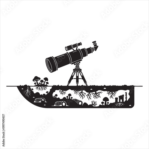Exploring dual realms A playful black and white illustration of a telescope looking up, with a cross-section below revealing a hidden, vibrant subterranean ecosystem with tunnels and mushrooms