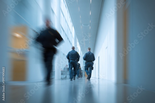 Security officers escorting person in hallway