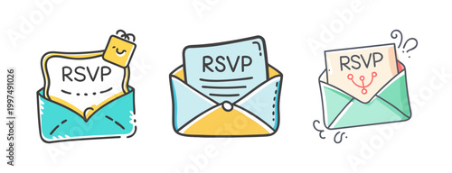RSVP invitation icons with envelopes and messages for event planning and response