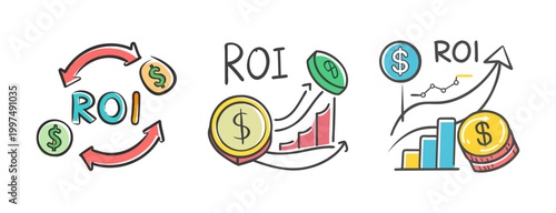 Return on investment icons with coins, charts, and arrows for financial growth