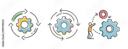 Software deployment and lifecycle icons with gears and arrows indicating process.