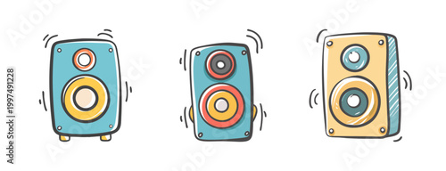 Doodle-style icons of speakers emitting sound waves, representing audio and music.