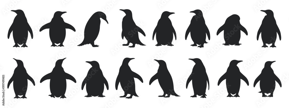 Obraz premium Black penguin silhouette set vector, different poses walking skating isolated on white background clean minimal wildlife illustration
