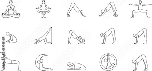 Set of yoga poses and asanas line icons representing meditation, mindfulness, fitness, stretching, and wellness practices for healthy living.