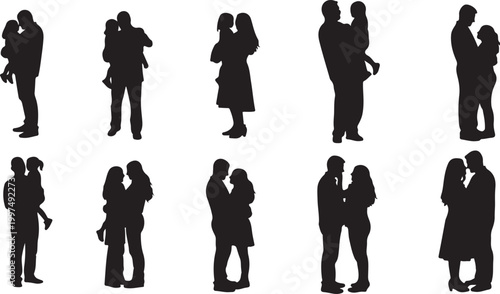 Collection of diverse silhouetted couples and families embracing and interacting together