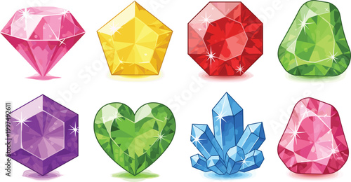 Sparkling Colorful Gemstone and Crystal Collection with Diamond, Heart, Emerald, Ruby, and Quartz Vector Illustrations for Jewelry Design, Gaming UI Assets, and Luxury Branding