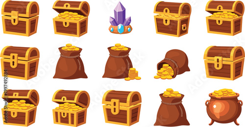 Treasure Chest and Gold Coin Collection with Wooden Boxes, Money Bags, Pot of Gold, and Magic Crystals Vector Icons for Gaming UI, Pirate Themes, and Wealth Concepts
