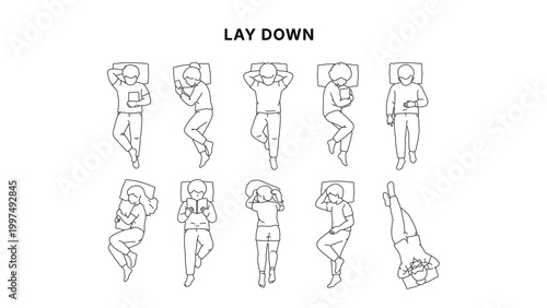 Top view line illustration of people sleeping in different poses, resting on pillow, bedtime and relaxation concept in clean minimal outline style
