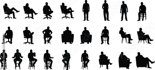 People silhouette set featuring men and women sitting on office chairs stools and sofas plus standing poses for interior design