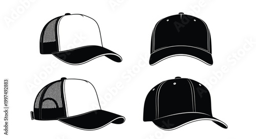 Baseball cap vector set with multiple angles in black and white line art for apparel mockups branding and fashion design use