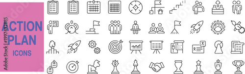 Flat set for business action plan strategy planning and management workflow flat action plan