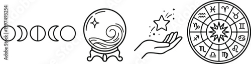 Minimalist mystical icon set featuring celestial moon phases, a crystal ball, a starlight hand, and a zodiac wheel.